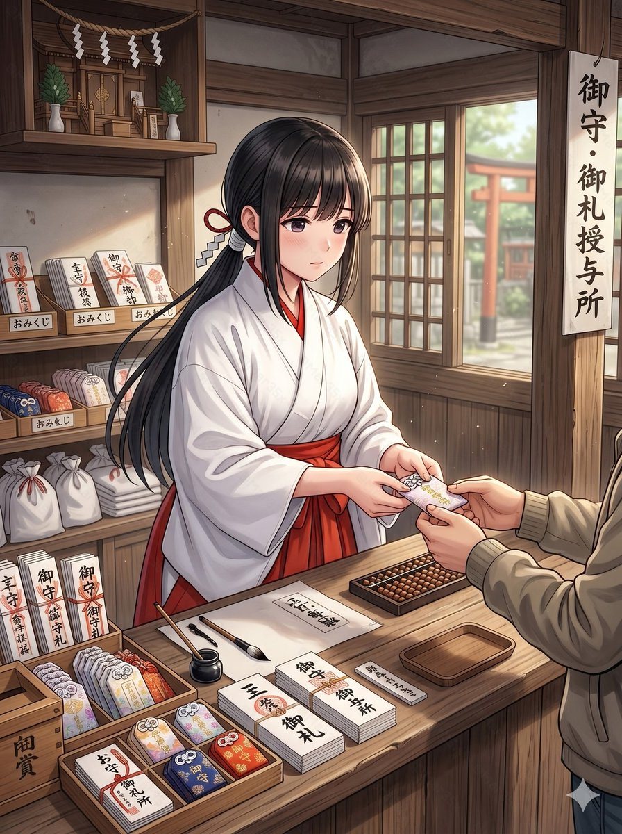 This prompt generates a detailed anime illustration of a miko selling shrine charms at a wooden shrine counter, suitable for character scene art or atmospheric cultural setting visuals.