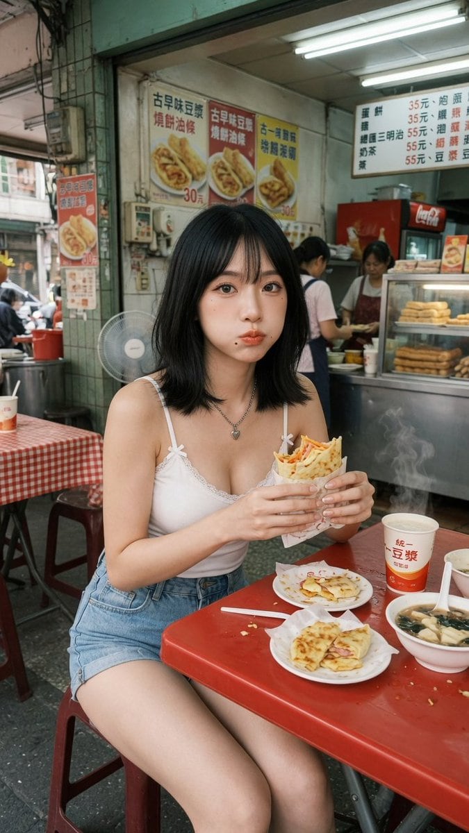 This prompt generates a realistic vertical photo of a young woman eating breakfast in a busy Taiwanese street-side diner, ideal for lifestyle, travel, or food-scene imagery.