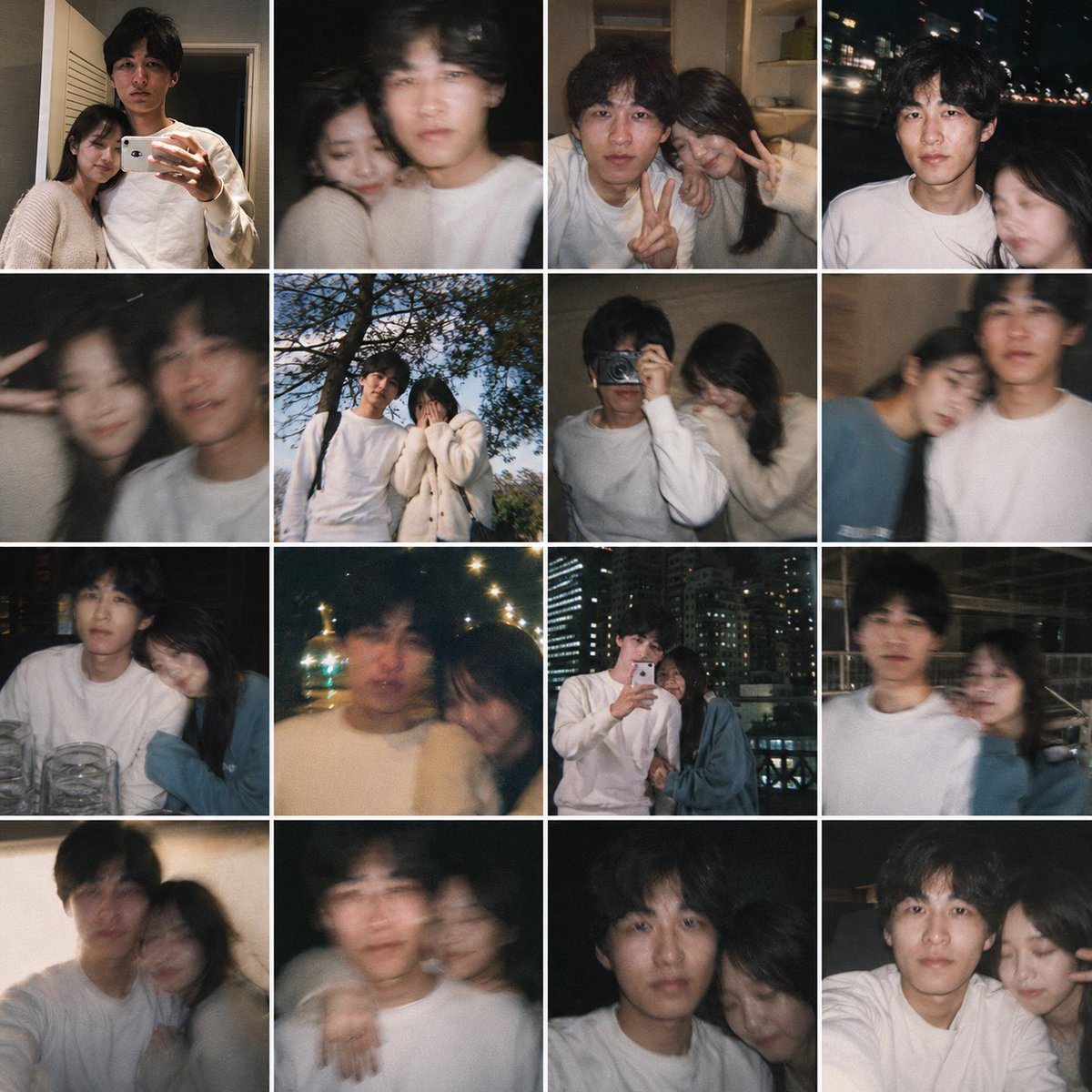 This prompt turns a single personal reference photo into a believable 16-image smartphone collage of candid couple memories, useful for 'what if' lifestyle edits and fake relationship photo dumps.