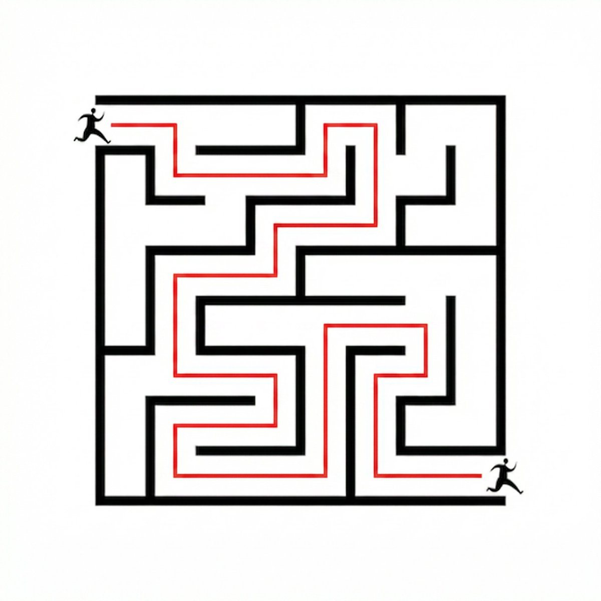 Using the provided reference image, solve the maze by drawing a continuous red line that traces the correct route from the top-left entrance to the bottom-right exit. Keep the maze walls...