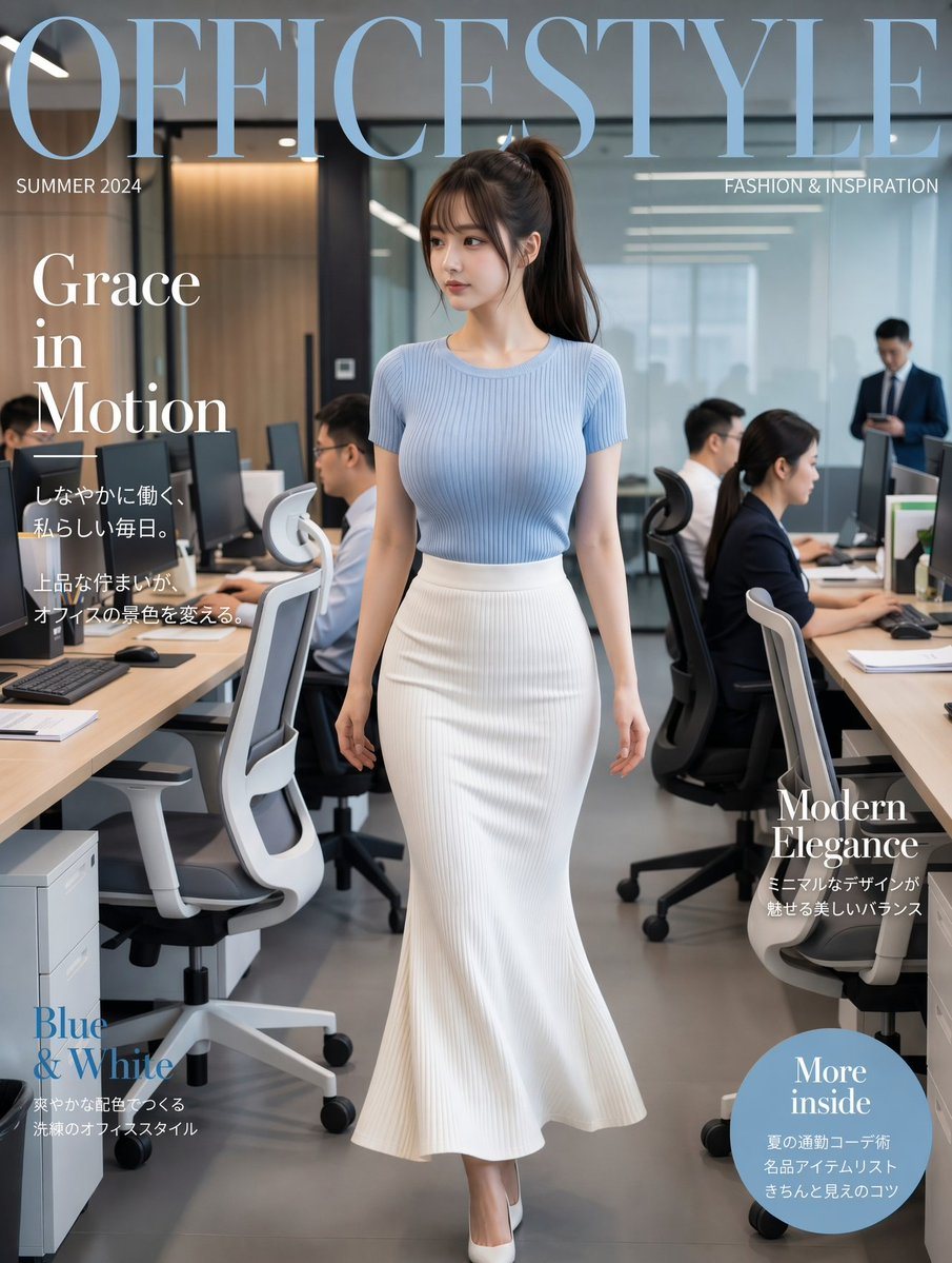 A high-fashion editorial magazine cover set inside a modern open-plan office, photographed in a polished realistic style with soft commercial lighting and a luxury fashion mood. Center th...