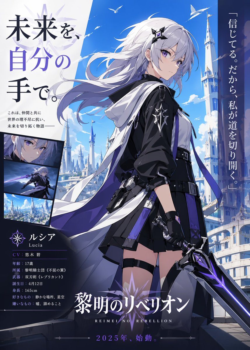 A polished anime-style vertical key visual poster for a futuristic fantasy action series. Center the composition on a full-body young heroine in a confident three-quarter back pose, looki...