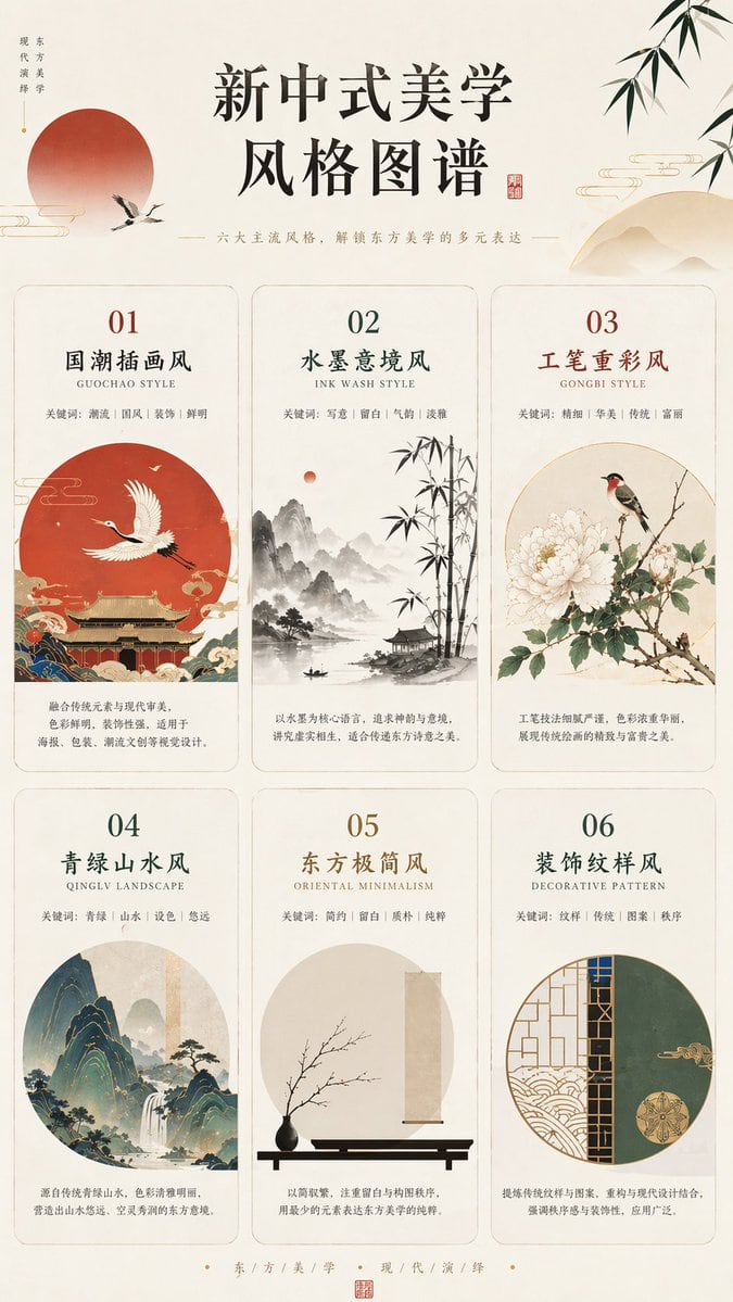 此提示词可生成一张精致的信息图海报，展示六大主流新中式视觉风格，为编辑灵感、设计参考或审美趋势项目提供支持。