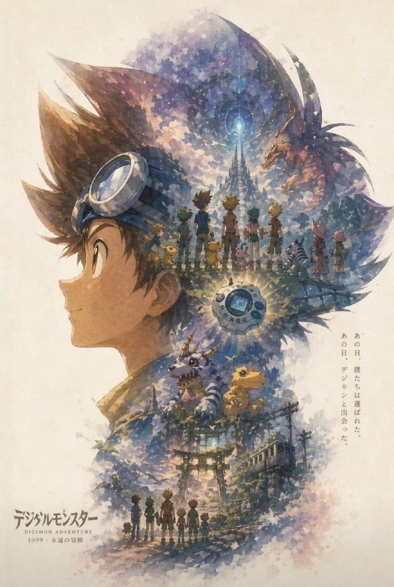 A nostalgic watercolor anime poster on textured off-white paper, composed as a vertical double-exposure illustration inspired by late-1990s adventure anime. The main silhouette is the lef...