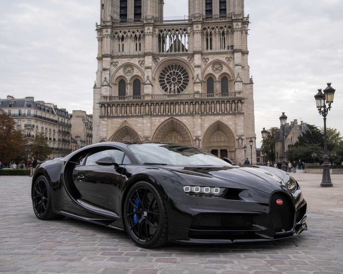 A photorealistic, high-resolution image of a glossy black Bugatti Chiron parked on a cobblestone plaza. The hypercar is positioned at a slight angle, showcasing its sleek aerodynamic curv...