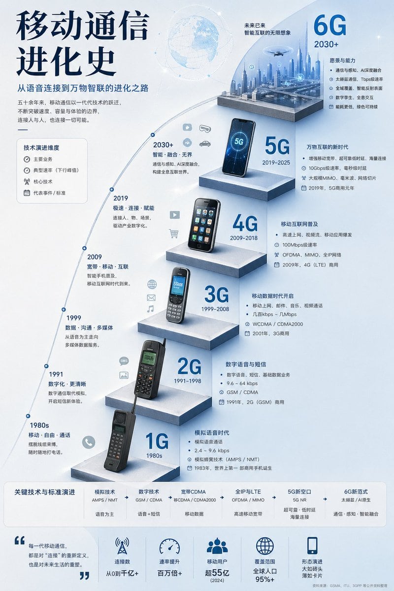 A polished Chinese-language vertical infographic poster showing the timeline from 1G to 6G, ideal for technology education, presentations, and telecom-themed visual explainers.