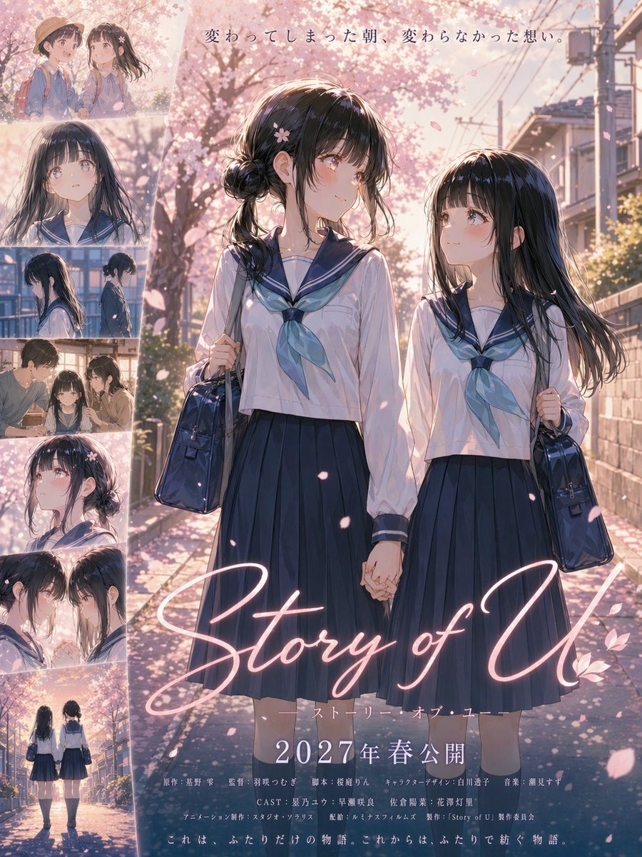 A polished Japanese animated film poster in a soft, luminous springtime anime style. The main scene shows 2 teenage schoolgirls walking hand in hand down a quiet residential street lined...