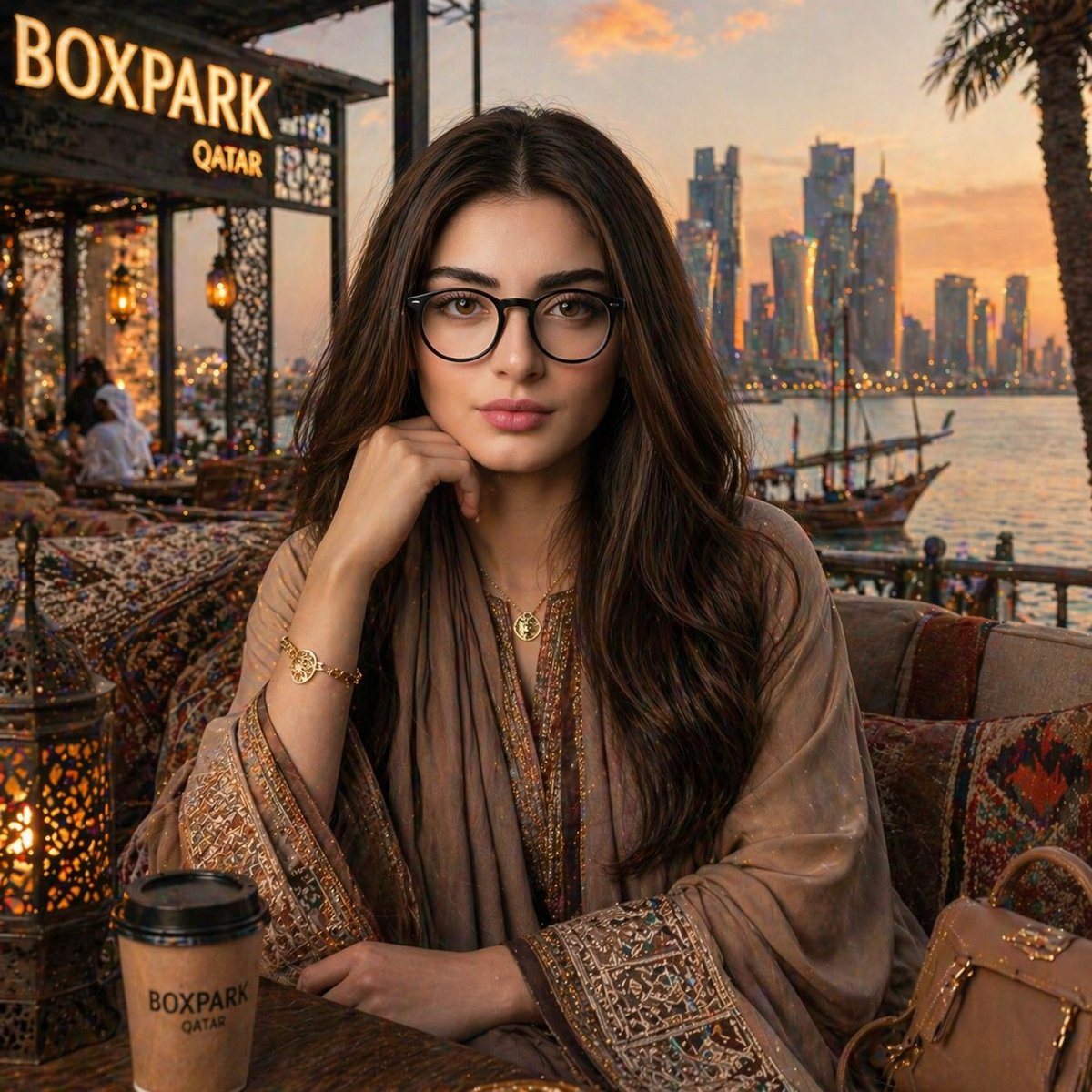 Create a hyper-realistic, cinematic portrait of a young woman sitting at a luxury waterfront café in Doha during golden hour. Preserve the exact facial features, proportions, skin tone, a...