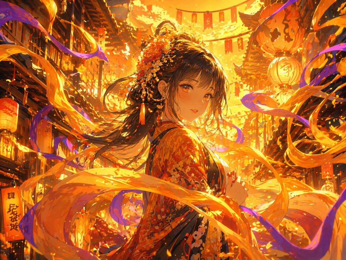 Using the provided reference image, transform the scene by applying an intensely glowing, golden and orange lighting effect. Add dynamic, swirling luminous ribbons and energy trails wrapp...