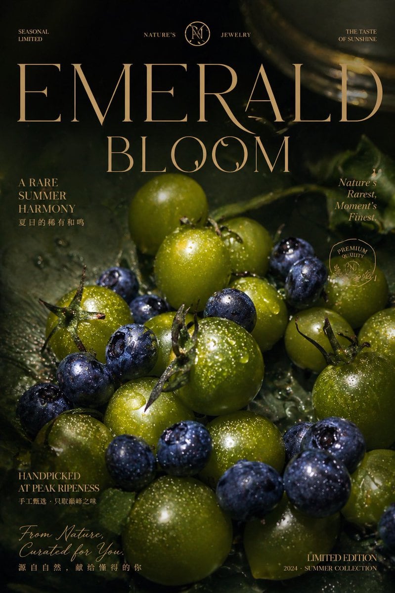 This prompt generates a dark, premium editorial advertisement poster featuring dewy green tomatoes and blueberries with elegant typography, ideal for luxury food branding or high-end seasonal campaign visuals.