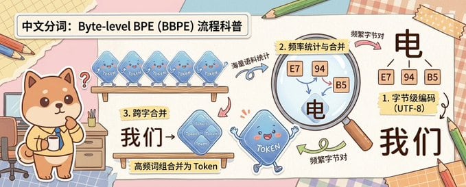 A cute horizontal educational infographic in a hand-drawn scrapbook style on a pastel desk-and-paper collage background, explaining Chinese word segmentation with byte-level BPE. The scen...