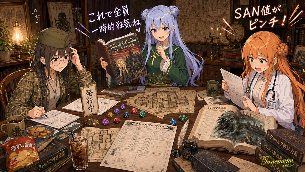 This prompt generates a detailed anime group illustration of three girls playing a Call of Cthulhu tabletop RPG in a cozy occult library, ideal for game-themed key art or social media visuals.