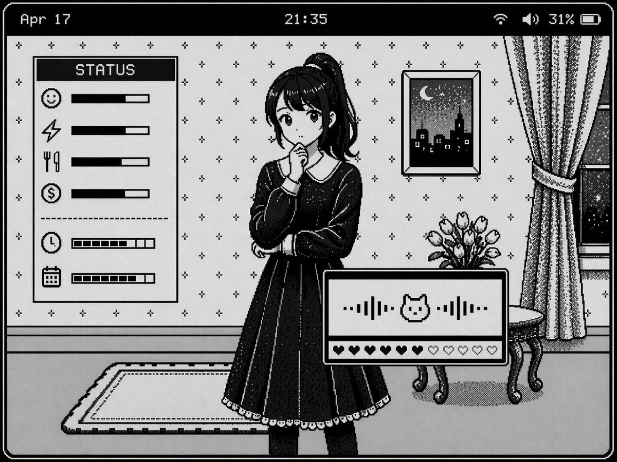 生成一个 1-bit 单色像素艺术风格的视觉小说界面，包含角色、背景细节以及多个状态面板。