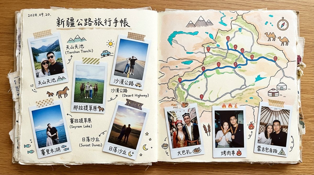 This prompt generates a realistic overhead photo of a handmade Xinjiang travel journal spread, useful for scrapbook-style travel memories, editorial visuals, or lifestyle social posts.