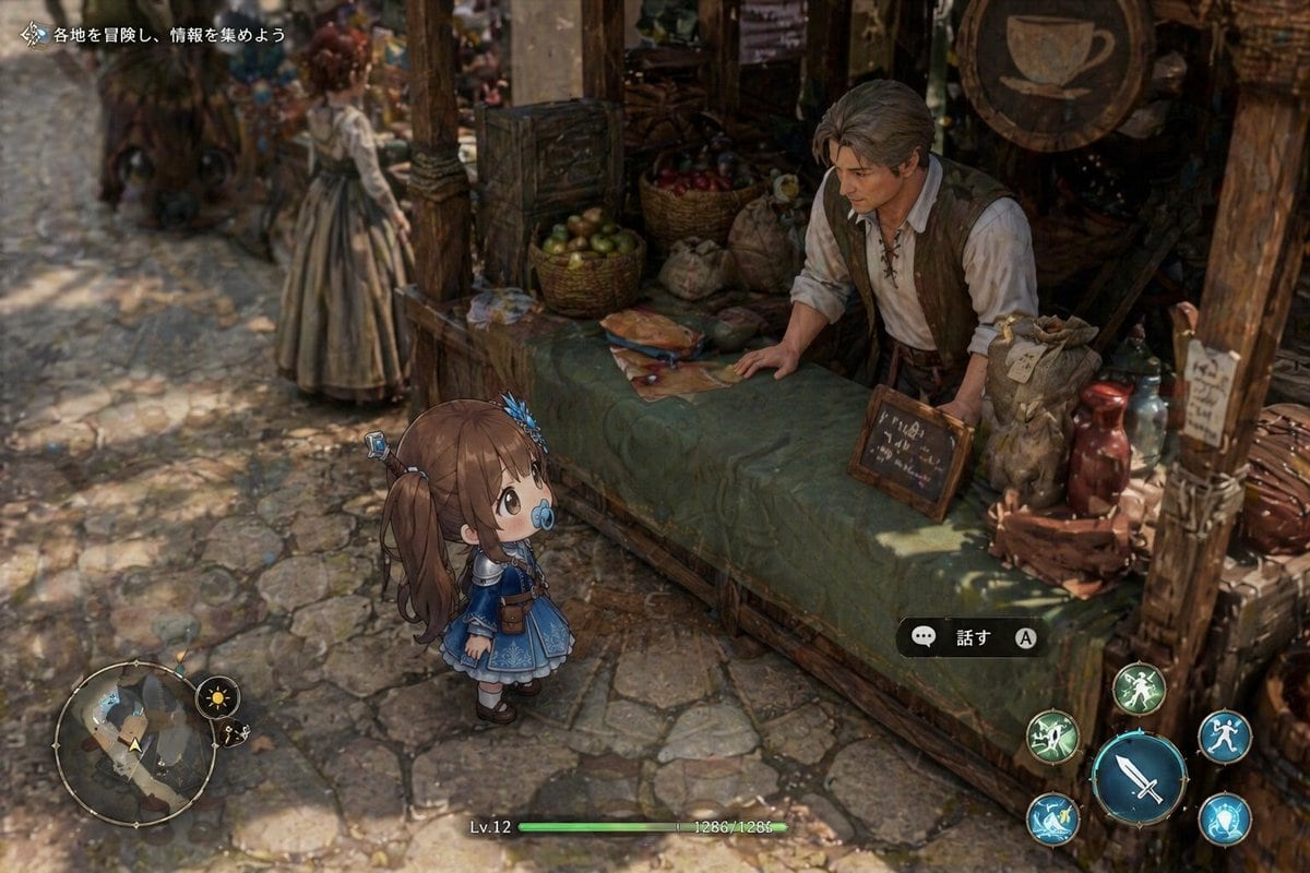 A top-down isometric fantasy RPG gameplay screenshot set in a rustic medieval market street, with a strong tilt-shift depth-of-field effect that makes the scene look miniature. In the for...