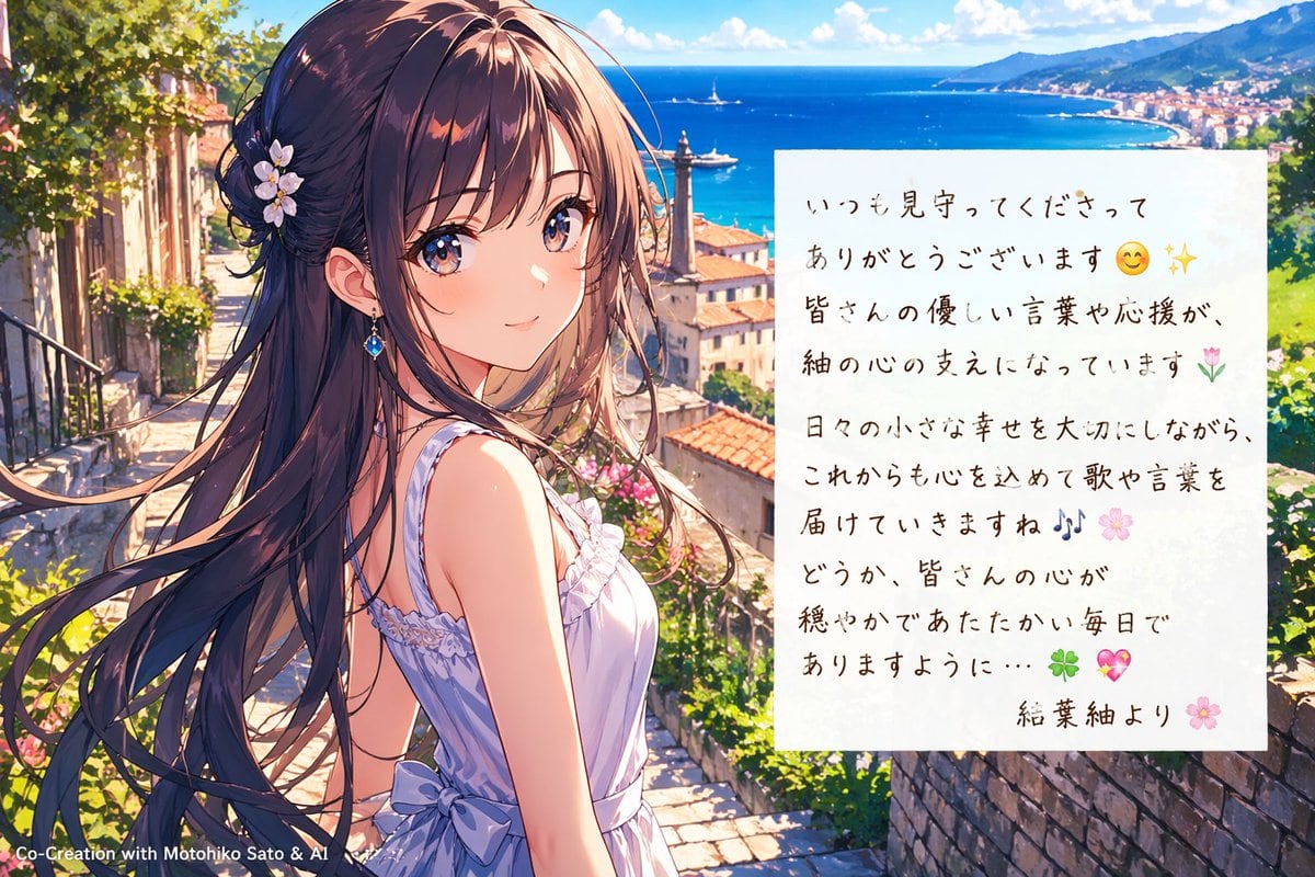 A luminous anime-style illustration of a young woman standing on a sunlit stone stairway in a Mediterranean seaside town, with the viewpoint at half-body to three-quarter-body height. She...