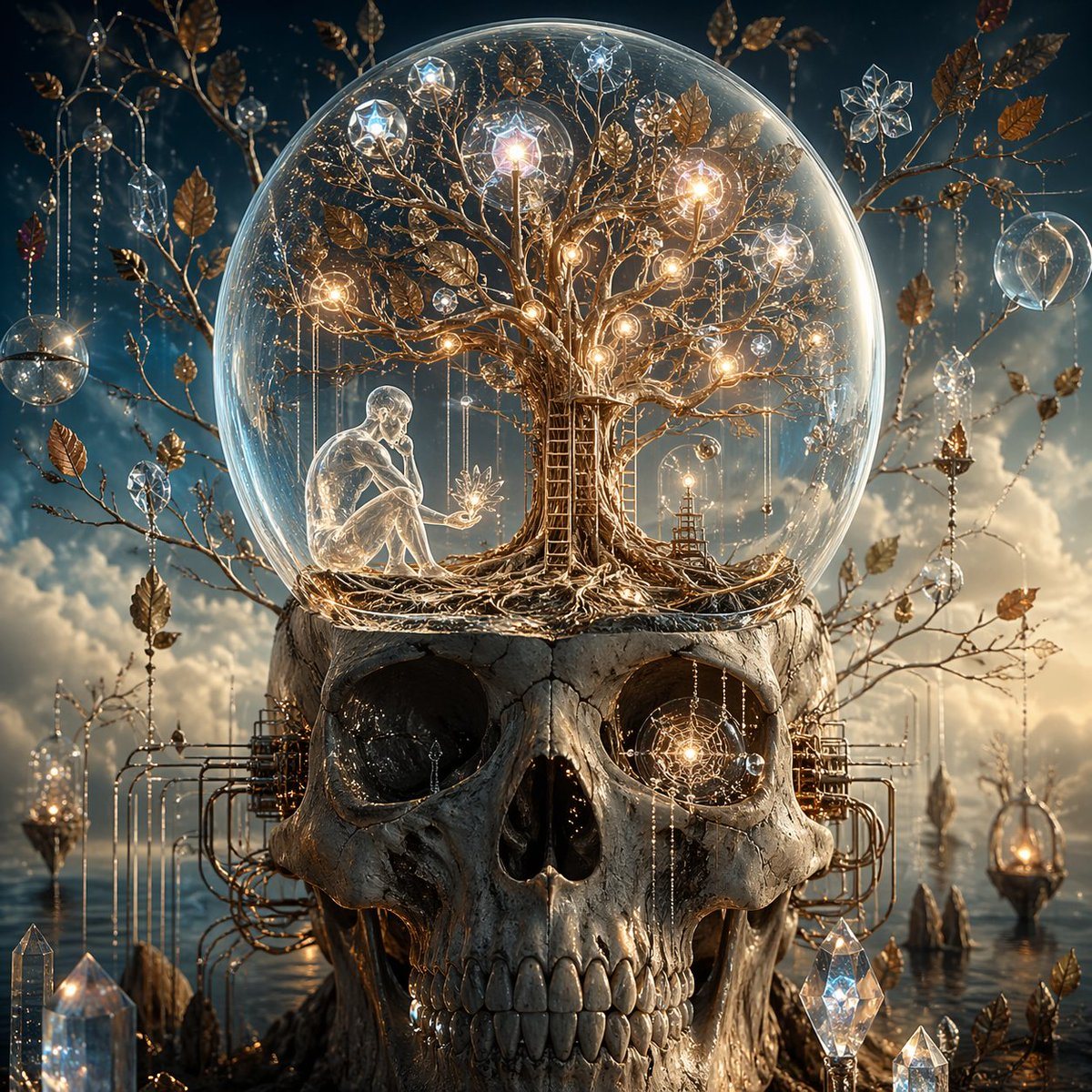 一幅细节极其丰富的超现实奇幻艺术作品，描绘了一个头骨，其顶部是一个玻璃球，球内包含一棵发光的金色树木和一个沉思的人影。非常适合用于探讨意识、死亡和梦幻象征意义的概念艺术。