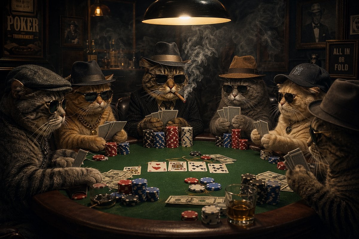 A cinematic, ultra-detailed noir-style scene of 7 anthropomorphic domestic cats gathered around a round green felt poker table in a dim, smoky backroom bar. The central cat is the boss: a...