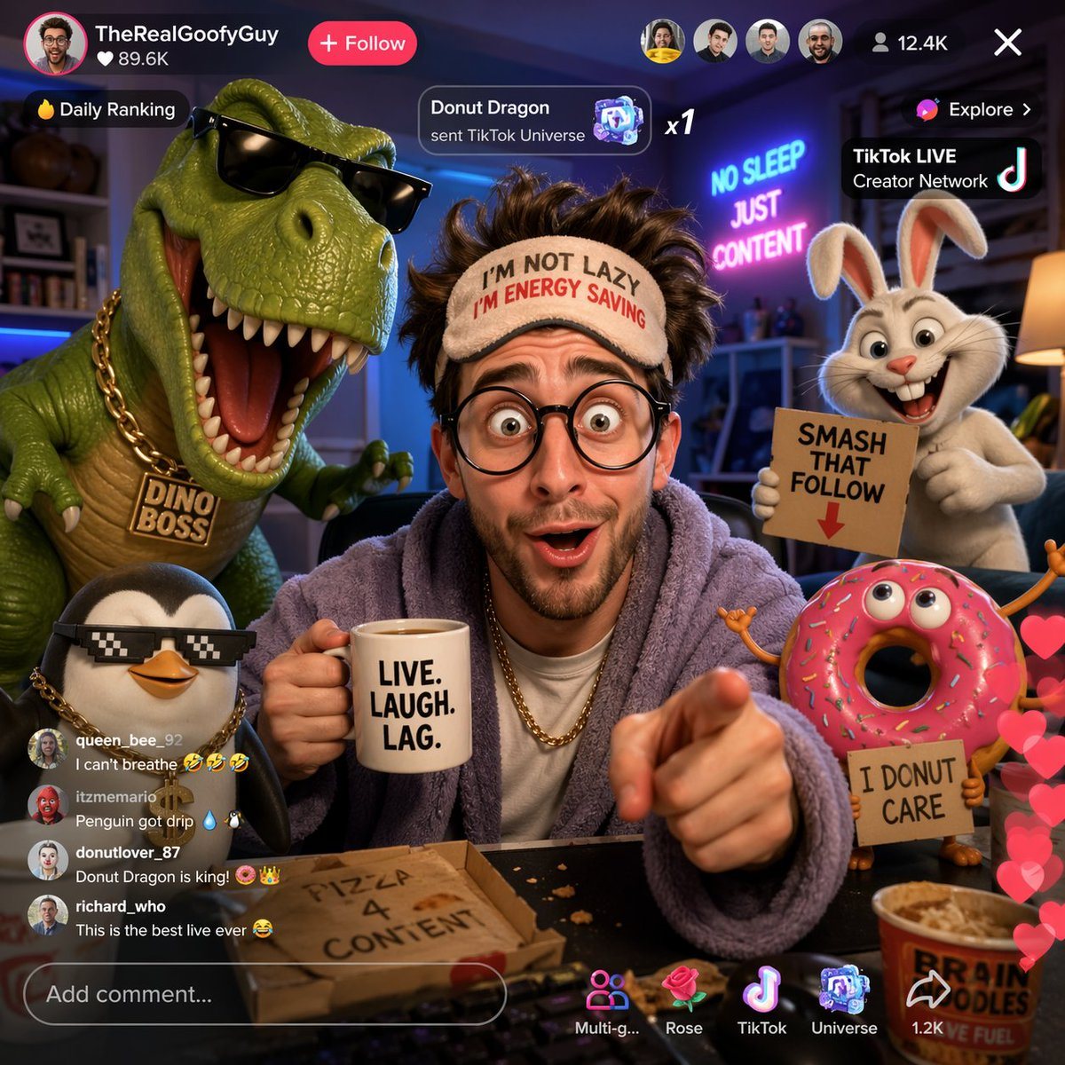 Generate an image of a funny guy that is live-streaming on tiktok and has 3d cartoon characters around him - design something funny.