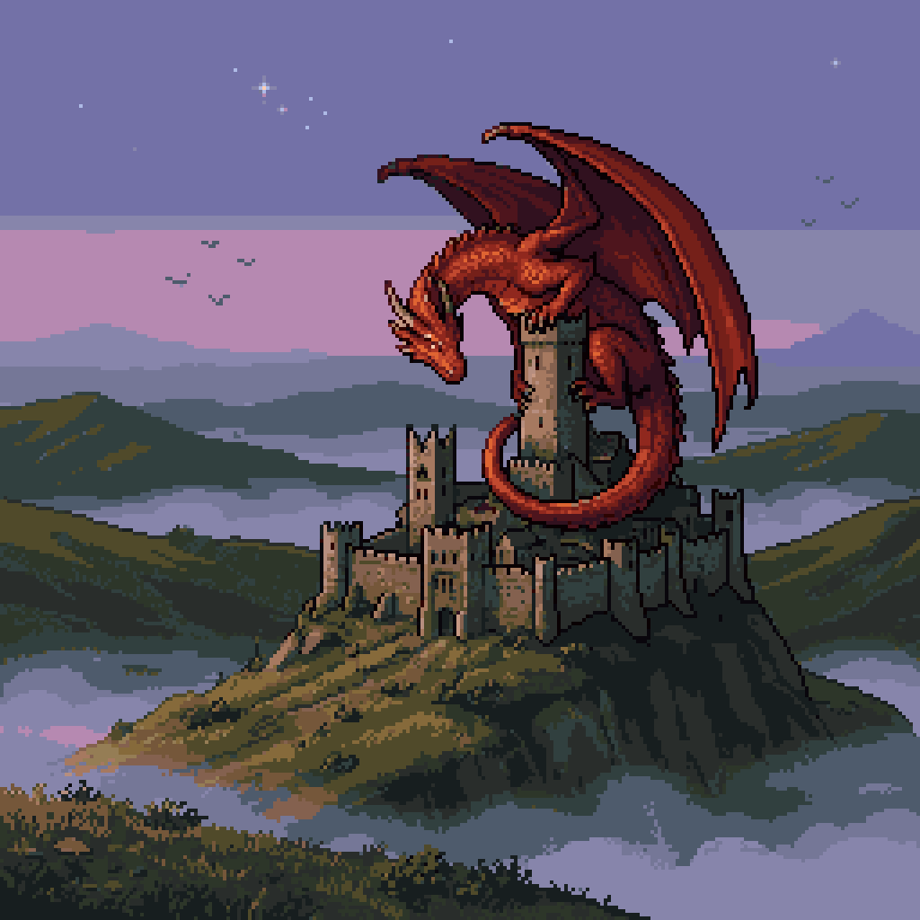 A retro fantasy pixel art scene in a 256x256 square composition, showing a huge red dragon perched protectively on the tallest central tower of an ancient stone castle. The dragon has a l...