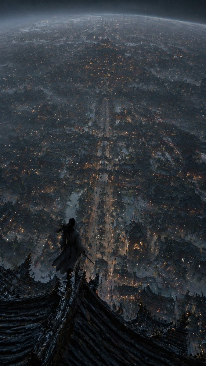 An extreme top-down god's-eye perspective looking directly down at a vast, glowing ancient Chinese city extending to the horizon, where the curvature of the planet is visible. In the fore...