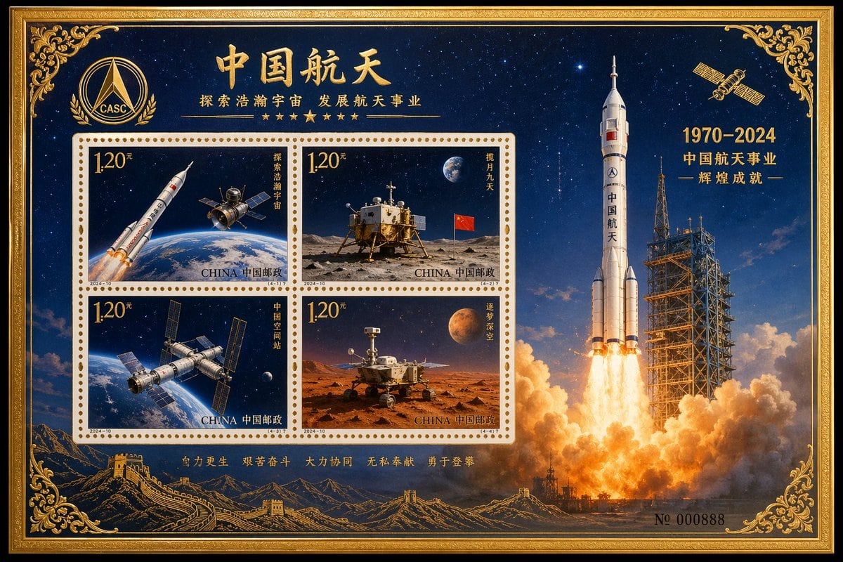 用于生成以航天为主题并带有烫金工艺效果的装饰性纪念邮票张的提示词。