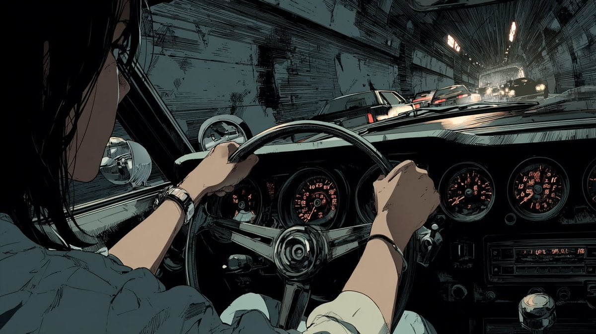A cinematic anime-style interior car scene viewed from the back seat over the shoulder of a young woman with shoulder-length black hair driving through a dim urban tunnel at night. She gr...