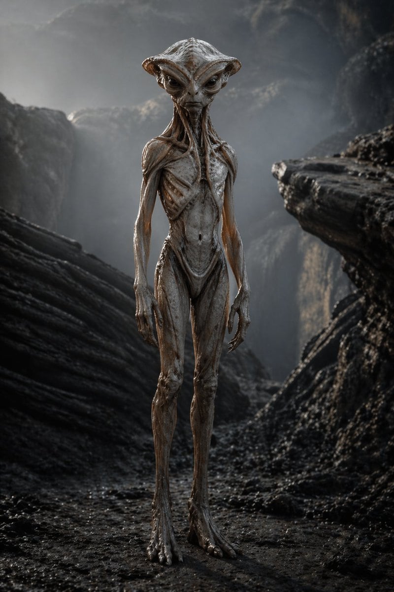 A full-body cinematic portrait of a deeply unsettling humanoid alien standing alone in a dark rocky ravine, centered in the frame and facing forward in a neutral upright pose with both ar...