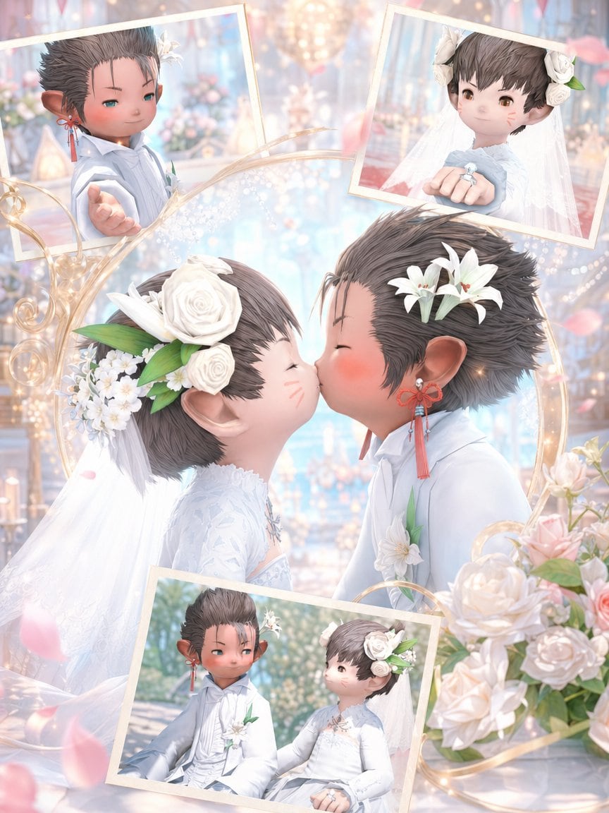A dreamy fantasy wedding collage in a soft pastel, high-detail anime game-art style, featuring two chibi lalafell-like newlyweds in an ornate chapel filled with warm bokeh lights, pale bl...