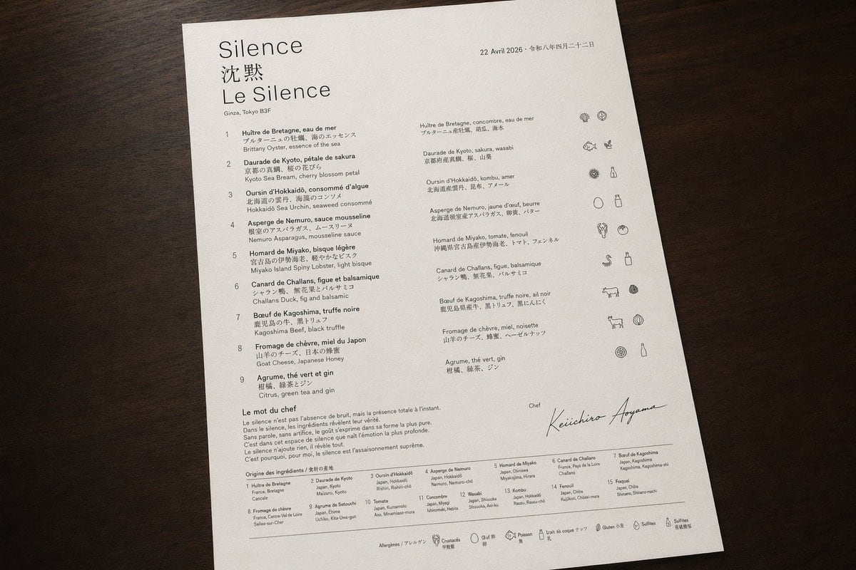 A photorealistic top-down product-style photograph of a single luxury tasting menu printed on bright white textured paper and placed on a dark walnut wooden tabletop, with soft warm ambie...