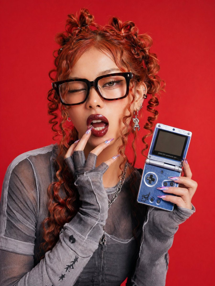 This prompt generates a polished studio fashion portrait of an alt-styled young woman holding a retro handheld console, suitable for editorial, social, or trend-focused promotional imagery.