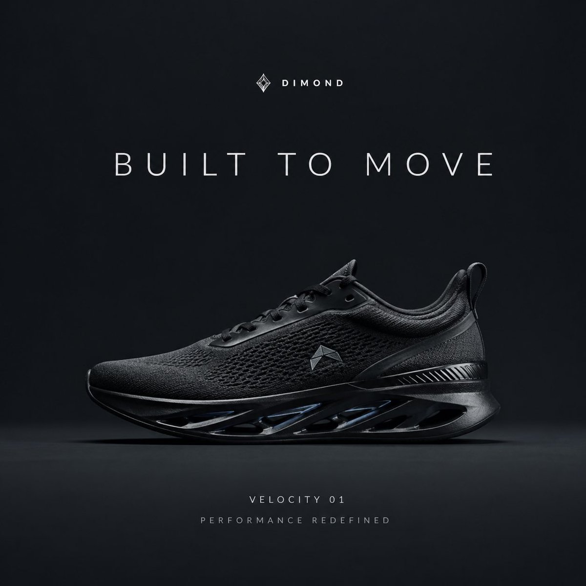 Create a premium, highly realistic 1:1 campaign poster for DIMOND, a modern performance sneaker brand. Show one hero sneaker as the main focus in a dark studio with a glossy reflective fl...