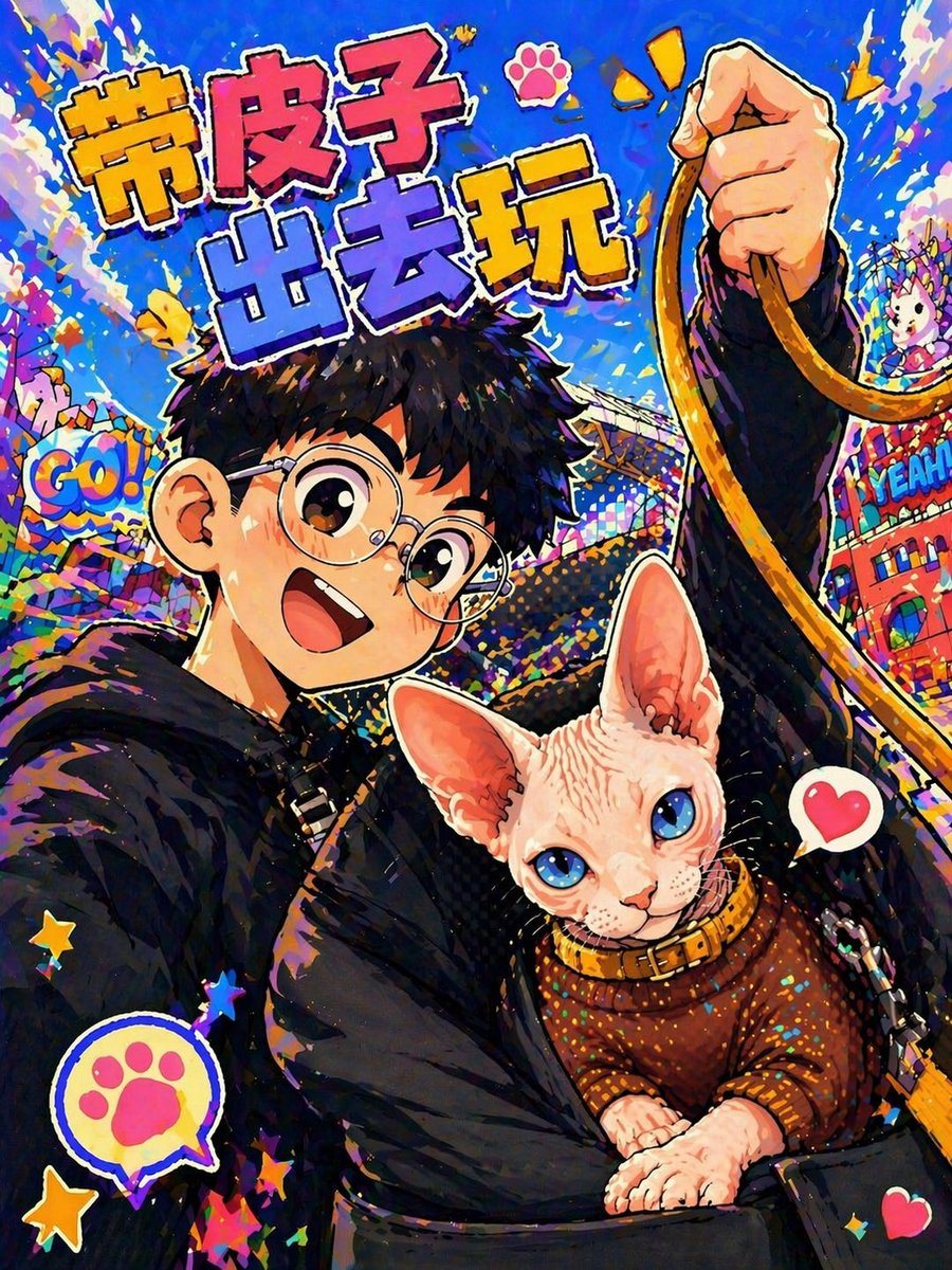 A vibrant anime-pop poster style selfie illustration of a young person carrying a Sphynx cat in a black front pet sling while holding a tan leash high in one hand. The person has short me...