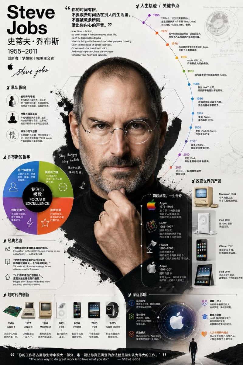 A sophisticated prompt for creating a rich biographical infographic that combines a realistic portrait with graphical charts, timelines, and annotations in a professional illustration style.