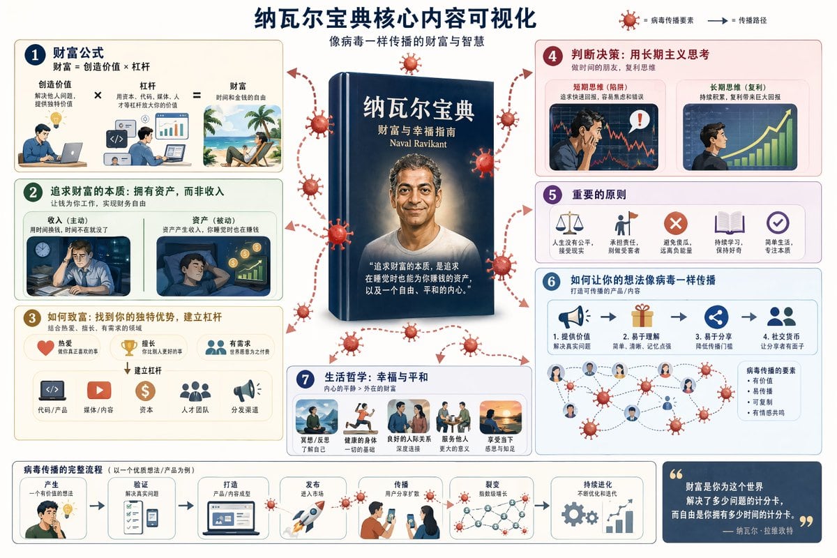 一个用于 GPT Image 2 的提示词，旨在将《纳瓦尔宝典》(The Almanack of Naval Ravikant) 的核心概念可视化，并转化为适合社交媒体分享的内容。