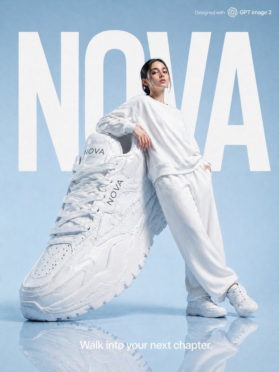 A high-fashion advertising campaign photo for "NOVA" sneakers brand. A young woman in all-white loose outfit leaning against a giant oversized white sneaker prop, soft sky blue studio bac...