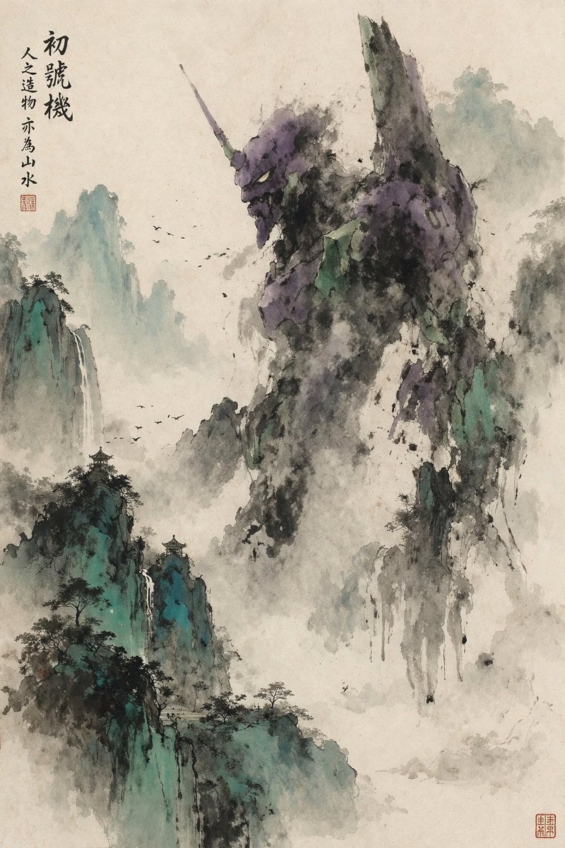 A traditional Chinese ink wash landscape painting featuring a giant mecha integrated into the misty mountains. The mecha, resembling Evangelion Unit-01, features a purple and green color...