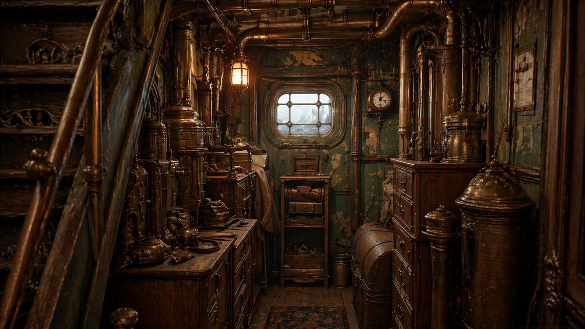 A highly detailed cinematic interior of a cramped Victorian steampunk ship cabin engine room, viewed from standing eye level in a narrow corridor. The scene is packed wall-to-wall with ag...