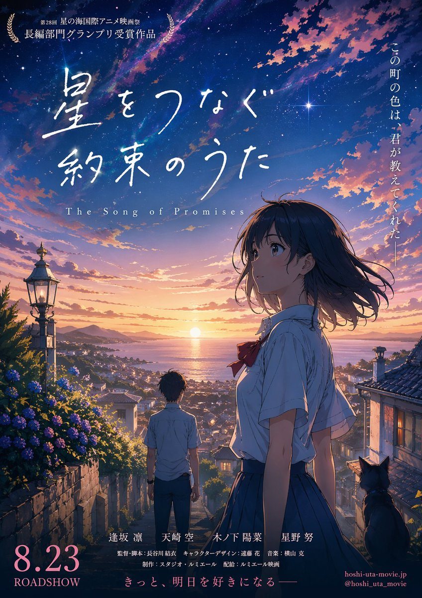 A breathtaking anime movie poster at golden-hour sunset, vertical theatrical one-sheet composition, painted in the polished cinematic style of a Makoto Shinkai-inspired youth drama. The s...