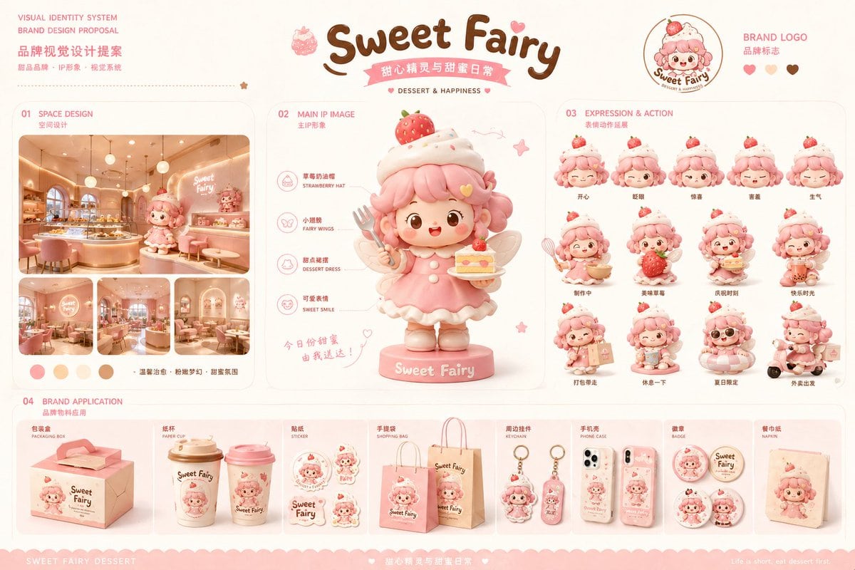 A comprehensive prompt for a branding proposal board, featuring character design, store interior concepts, and packaging materials in a soft, 3D-illustrated style.