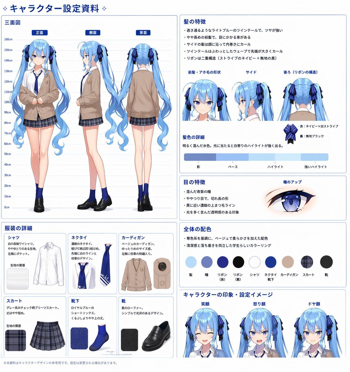 Ready-to-edit anime character design reference sheet image prompt.