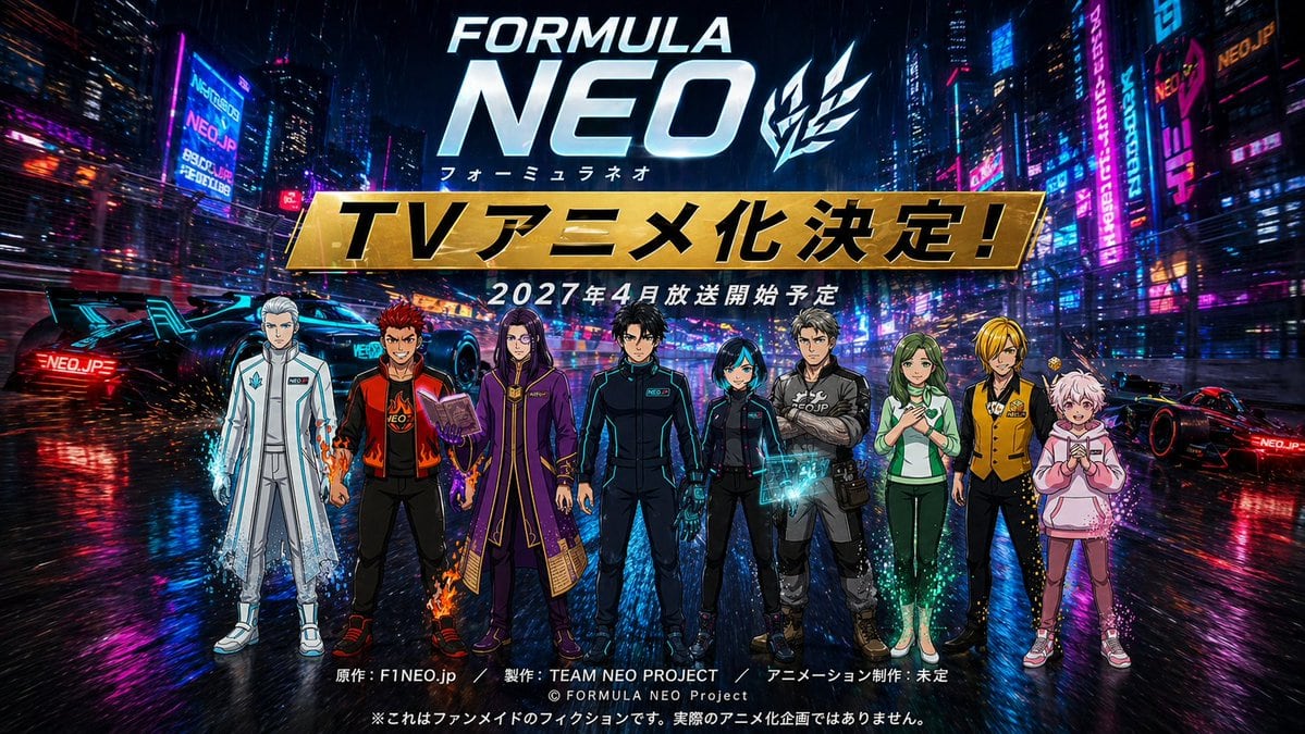A dramatic Japanese anime announcement poster set in a rain-soaked futuristic neon megacity at night, with a wide cinematic composition and glossy cyberpunk lighting in electric blue, mag...