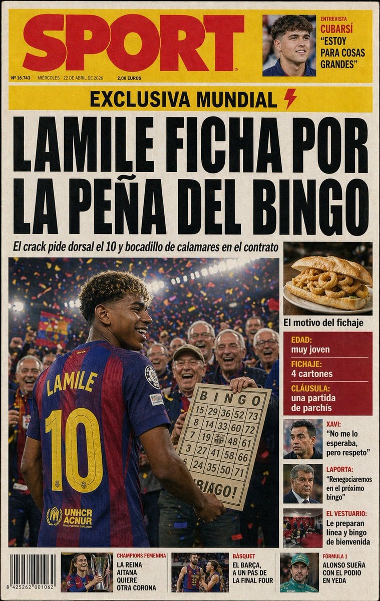 A satirical Spanish sports newspaper front page designed like a tabloid cover, full-frame and perfectly frontal, on slightly aged off-white newsprint with subtle paper texture, faint stai...