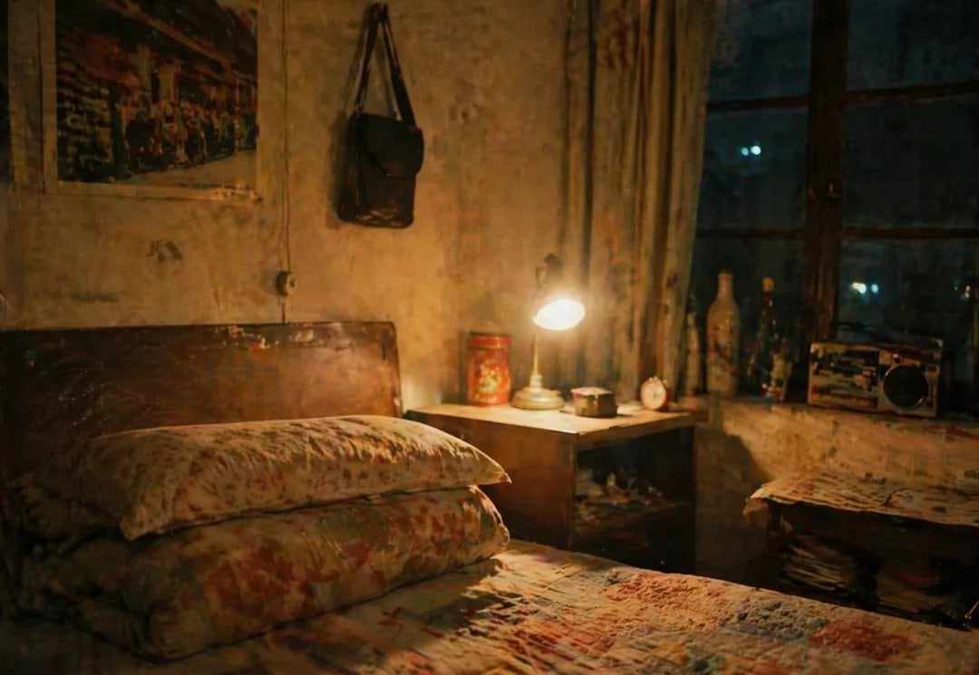 A moody cinematic photograph of a small old-fashioned bedroom at night, viewed from bedside height. In the left foreground, a worn wooden bed with a dark headboard is covered by a faded p...