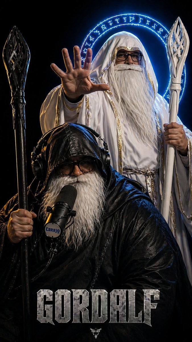 A dramatic dark fantasy studio poster of two wizard-like figures posed like a parody heavy-metal album cover. In the foreground, a stocky older wizard sits or leans toward the camera, wea...