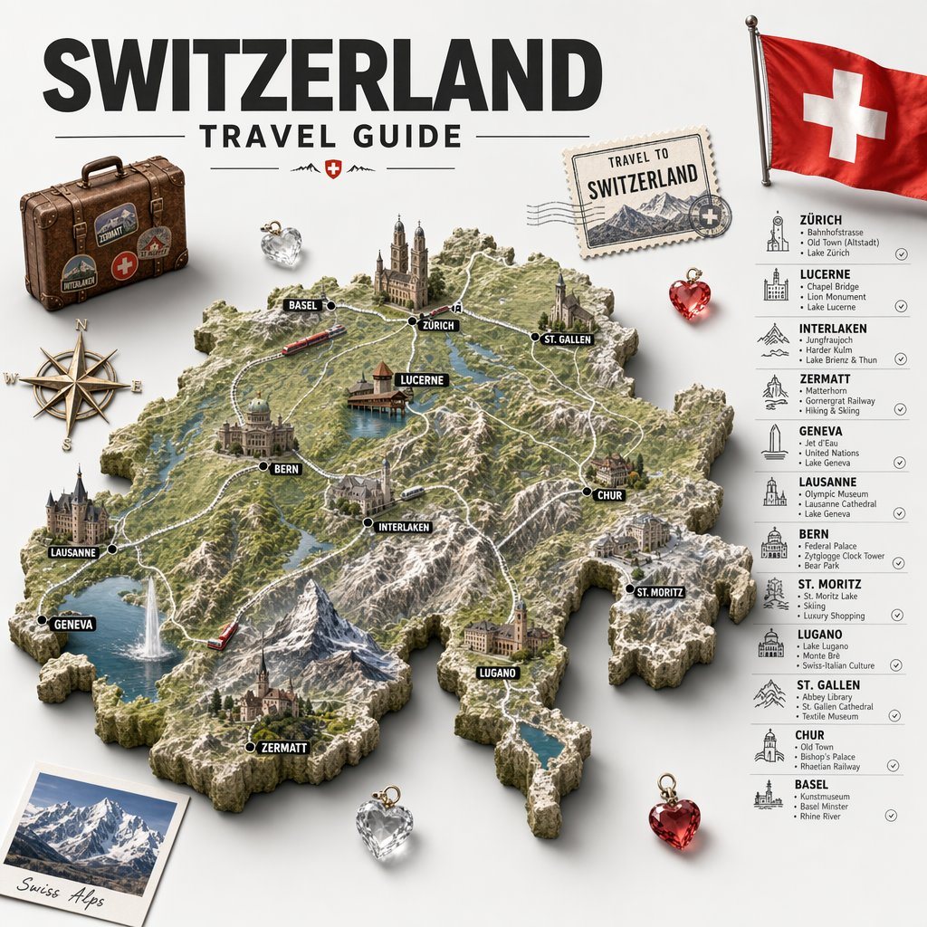 Create a highly detailed vintage-inspired illustrated travel poster and infographic for Switzerland, shown as a sculpted 3D relief map centered on a clean light gray background. At the to...