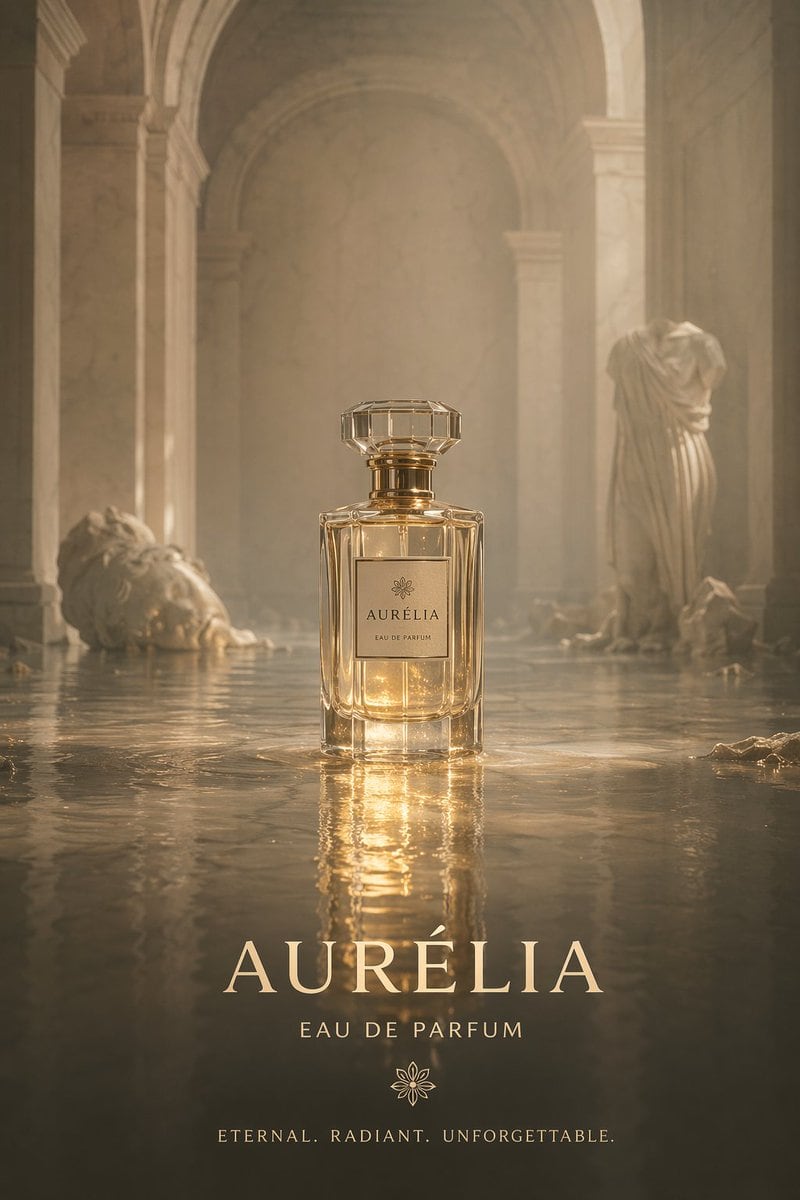A cinematic product photography shot of an elegant, rectangular glass perfume bottle with a faceted crystal cap and gold accents, sitting in the center of a shallowly flooded ancient ston...