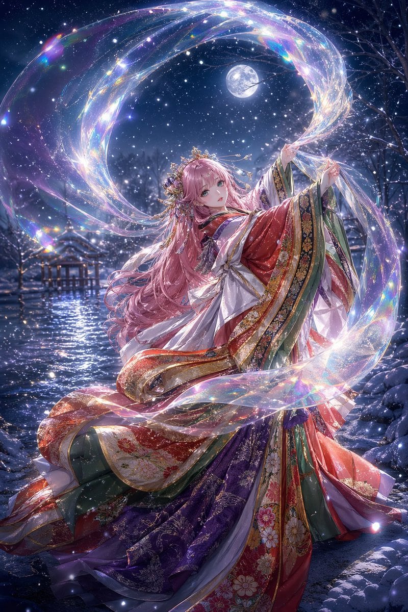 A breathtaking fantasy anime illustration of a celestial shrine maiden in a snowy winter night landscape, shown in a graceful full-body dancing pose beside a reflective lake. She has extr...