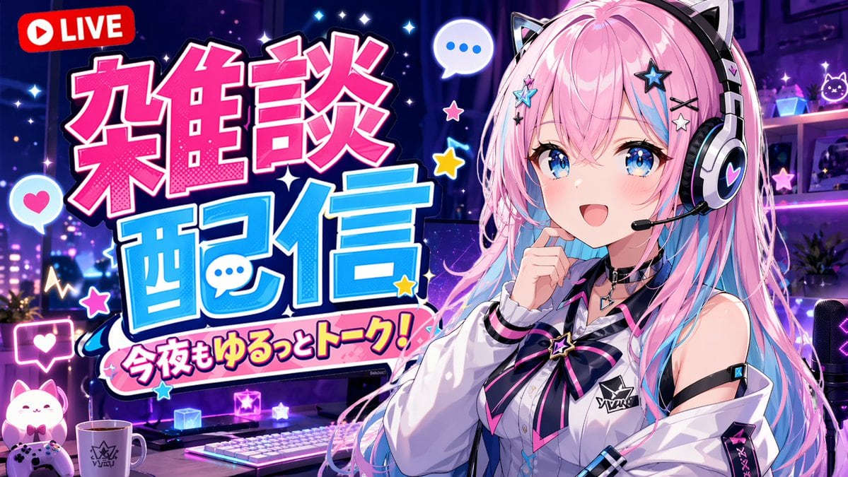 Generates an anime-style YouTube live stream thumbnail featuring a VTuber character, a gaming setup, and bold, customizable typography.