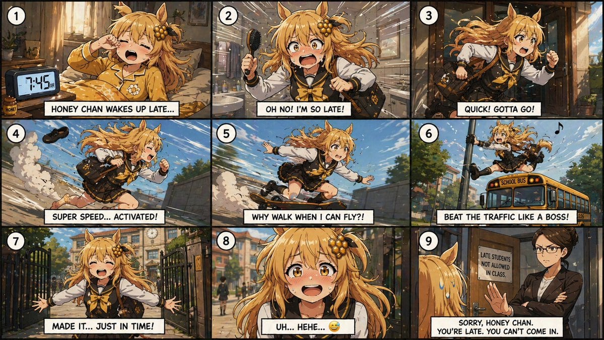This prompt generates a 9-panel anime comic about a frantic schoolgirl racing to school and failing to beat the late policy, ideal for humorous storyboard or manga-style scenes.